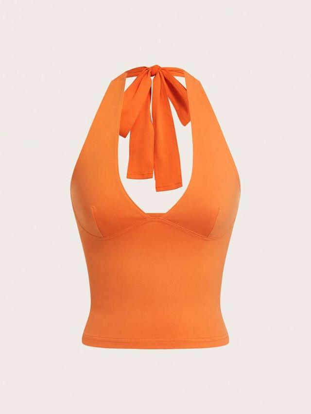 solid orange halter v-neck casual tank top