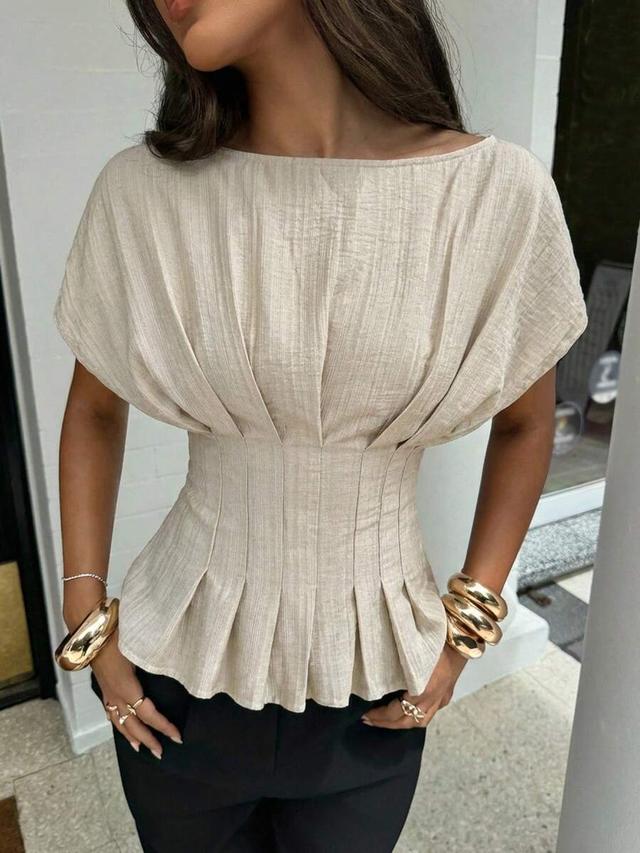 elegant light beige short sleeve pleated waist blouse