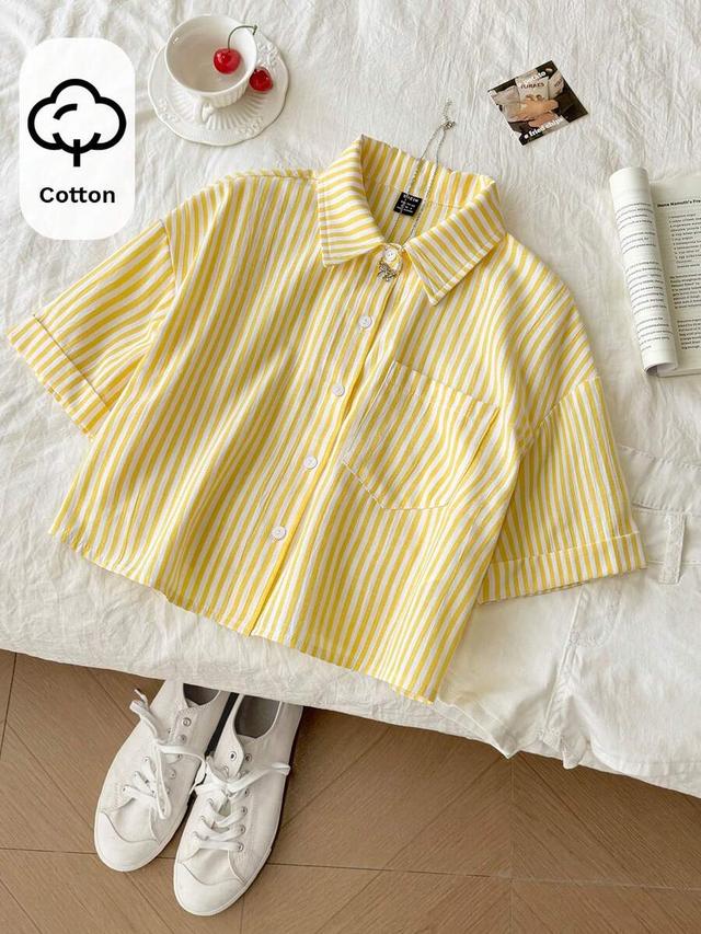 yellow and white striped cotton crop blouse