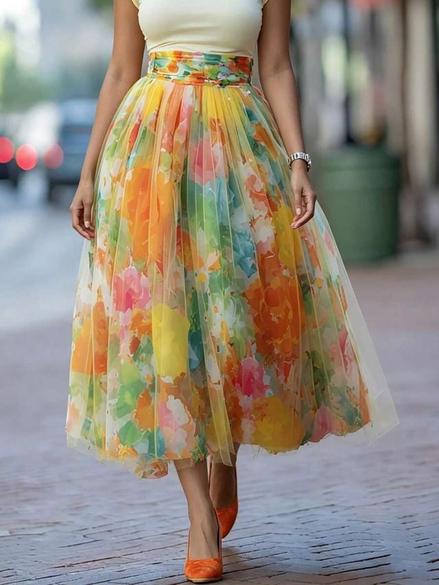 vintage floral print mesh a-line midi skirt
