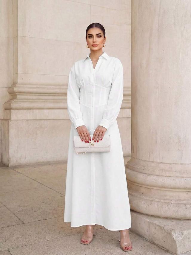 graceveil white waist-defining shirt collar long dress