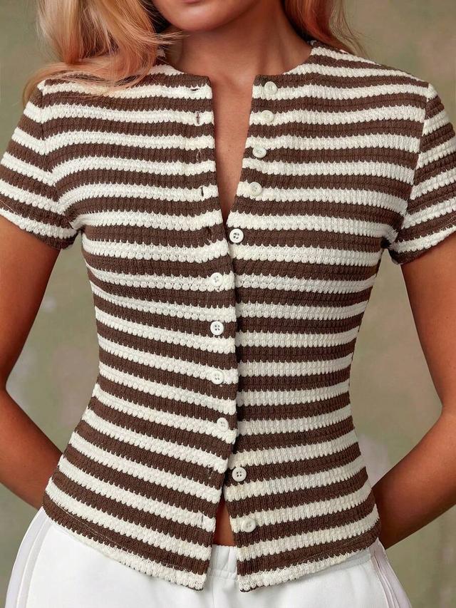 brown and white striped short sleeve knit top