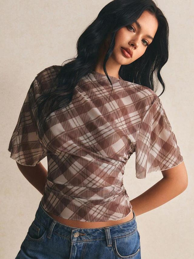 brown and white plaid ruched waist mesh top