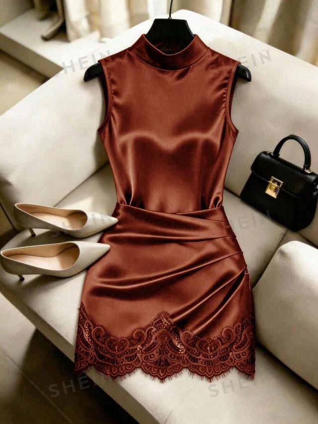 rust brown satin high collar sleeveless lace trim dress