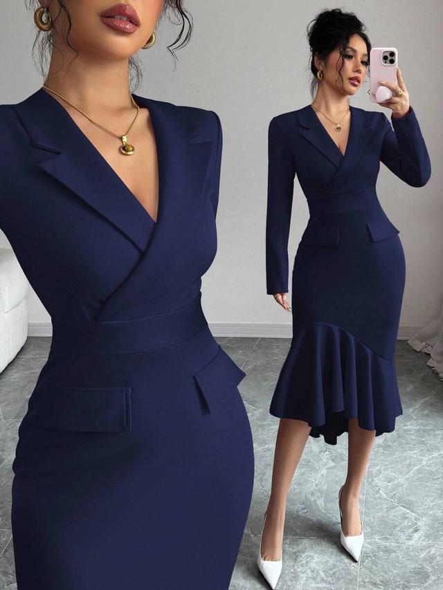 navy blue tailored blazer dress with lapel collar
