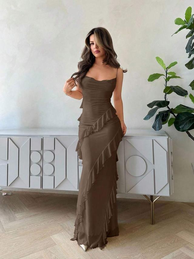 brown draped cowl neck ruffle detail bodycon maxi dress