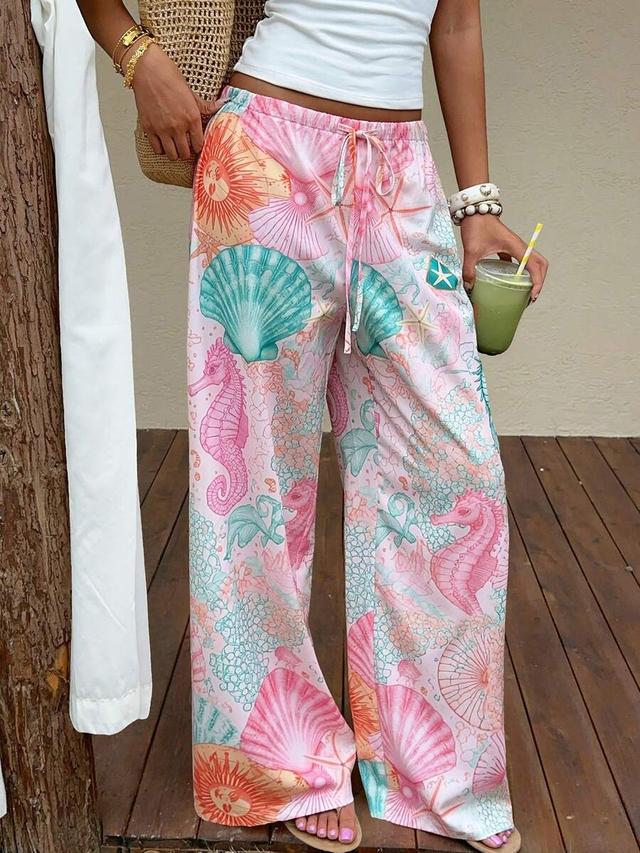 coral pink ocean print wide-leg beach trousers