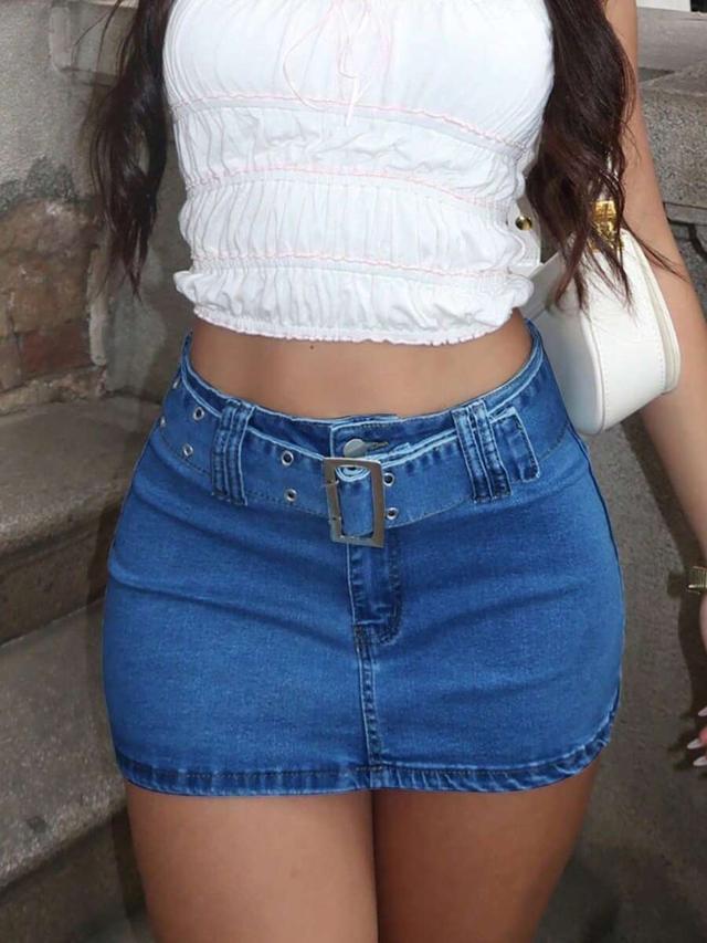 high waisted blue denim mini skirt with belt