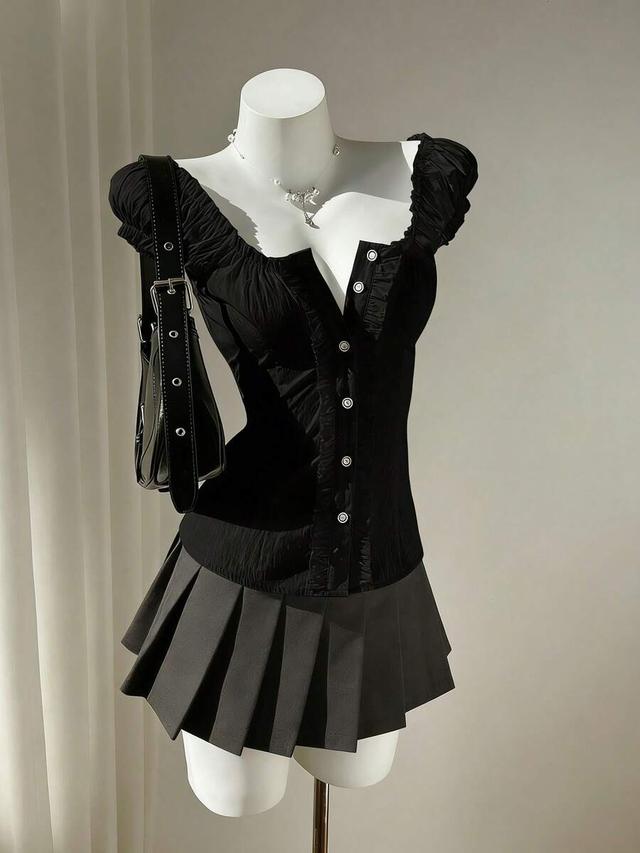 minimalist black ruffled off-shoulder petal sleeve blouse
