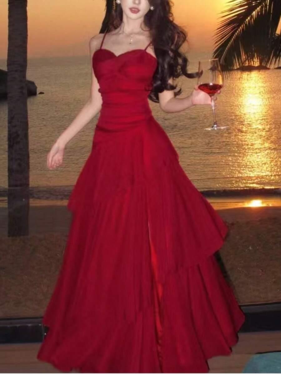elegant asymmetric ruffle strap dress in red