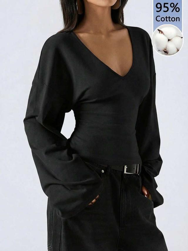 lysmo 95% cotton women black solid color flare sleeve top