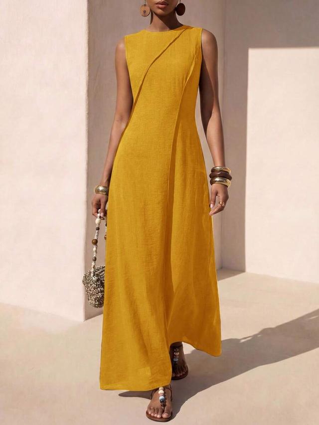 mustard yellow linen sleeveless a-line maxi dress