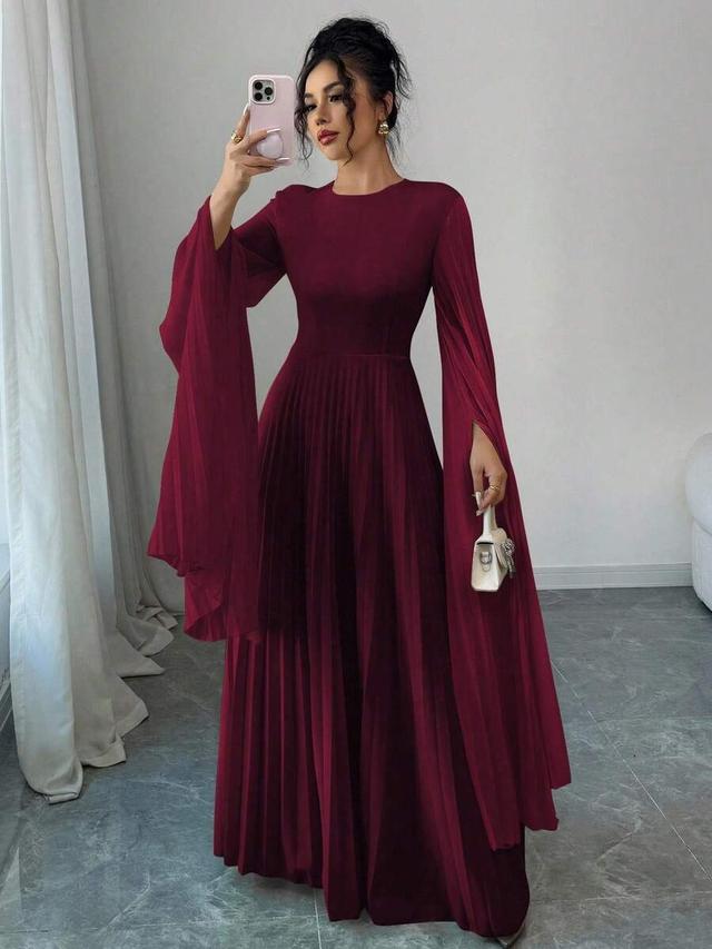 burgundy round neck pleated long sleeve a-line dress