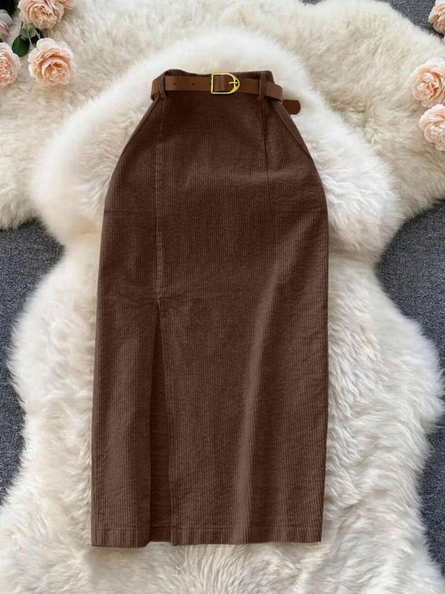brown corduroy midi skirt with belt