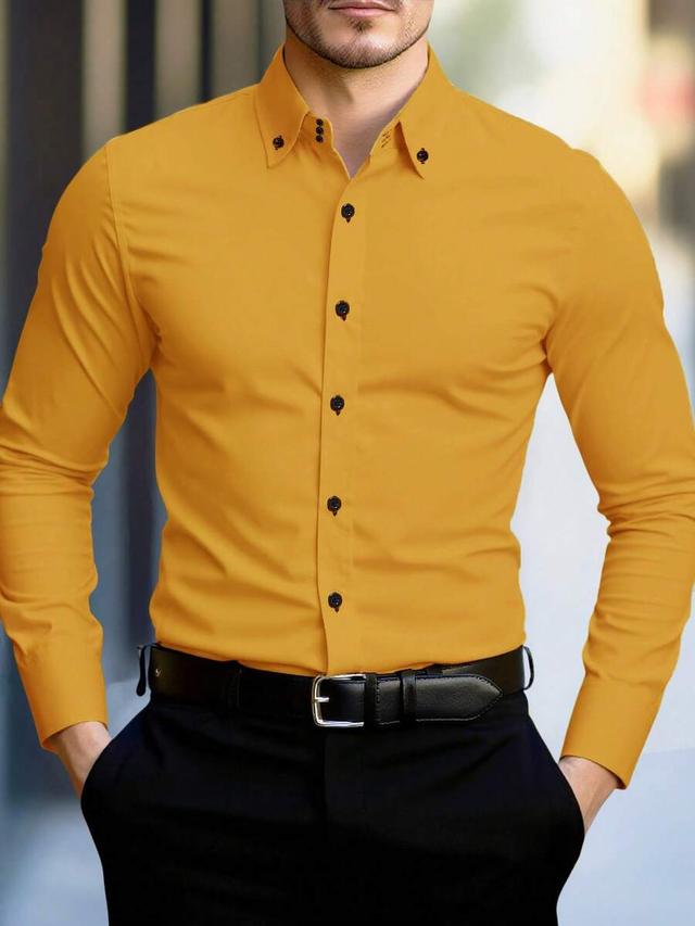 men's solid yellow long sleeve button-down dress shirt