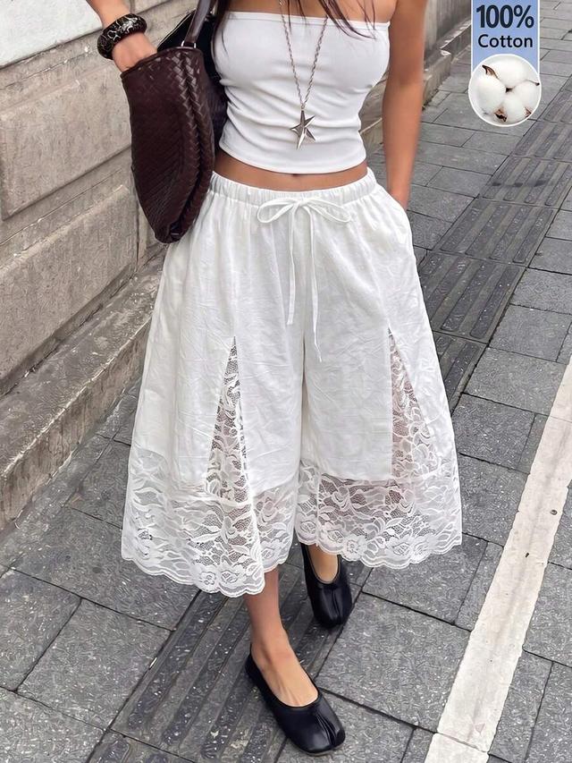 white cotton boho culottes with contrast lace panels