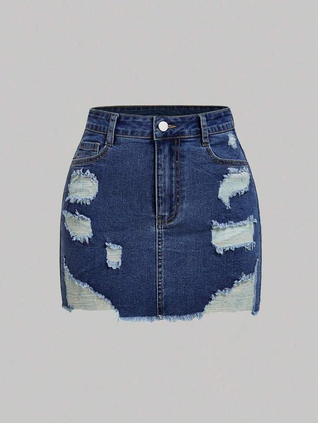 distressed blue denim mini skirt with raw hem