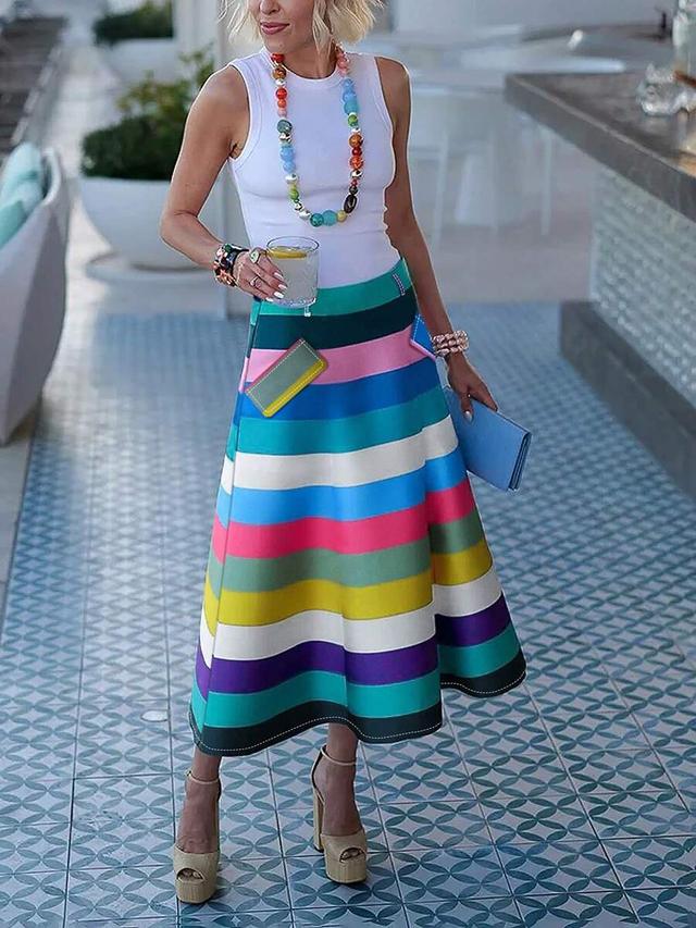 royal blue striped patchwork a-line midi skirt