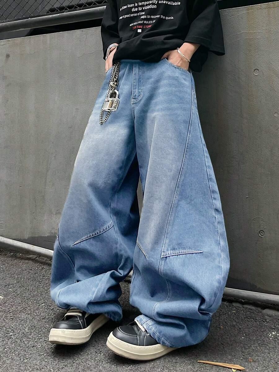 men's distressed vintage wash loose fit patchwork jeans