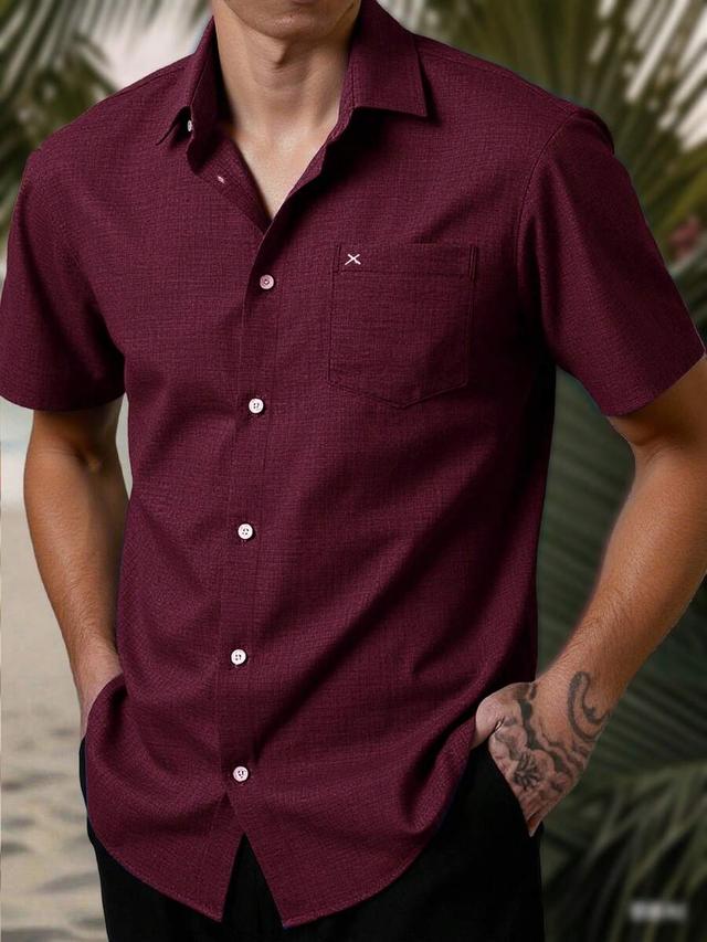 maroon textured short sleeve button down shirt