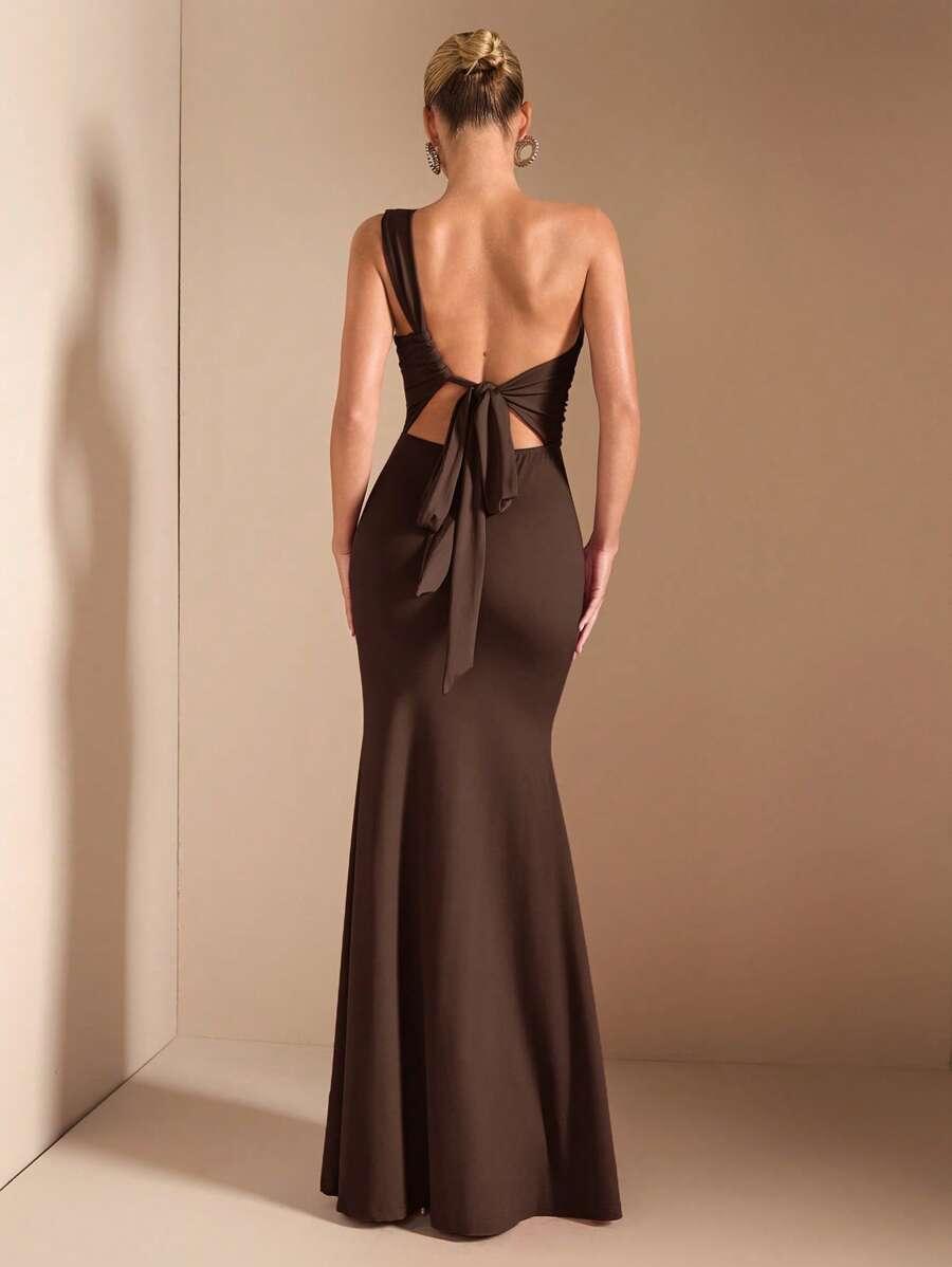 elegant asymmetric neck drape shoulder long dress dark brown
