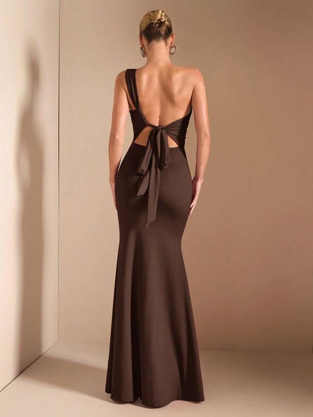 elegant asymmetric neck drape shoulder long dress dark brown