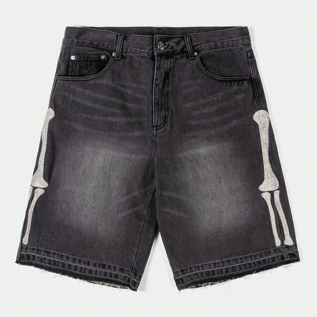 black washed denim shorts with bone embroidery