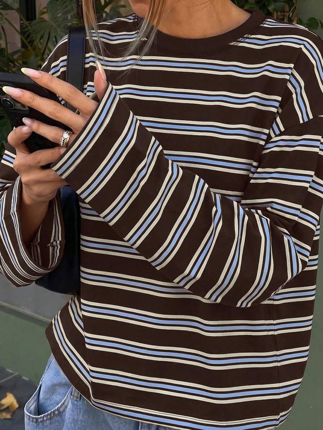 striped color block ribbed long sleeve casual top