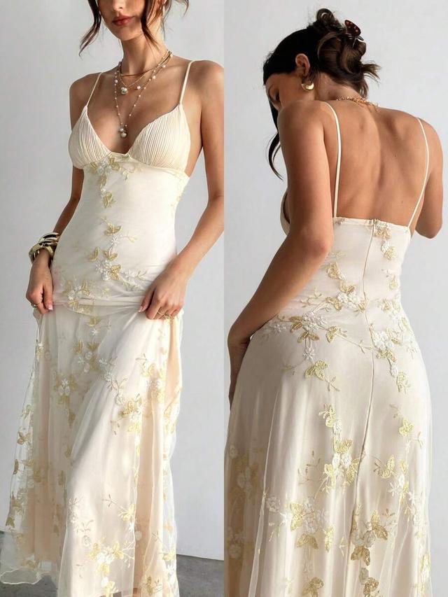 cream embroidered tulle slip dress with pleated bodice