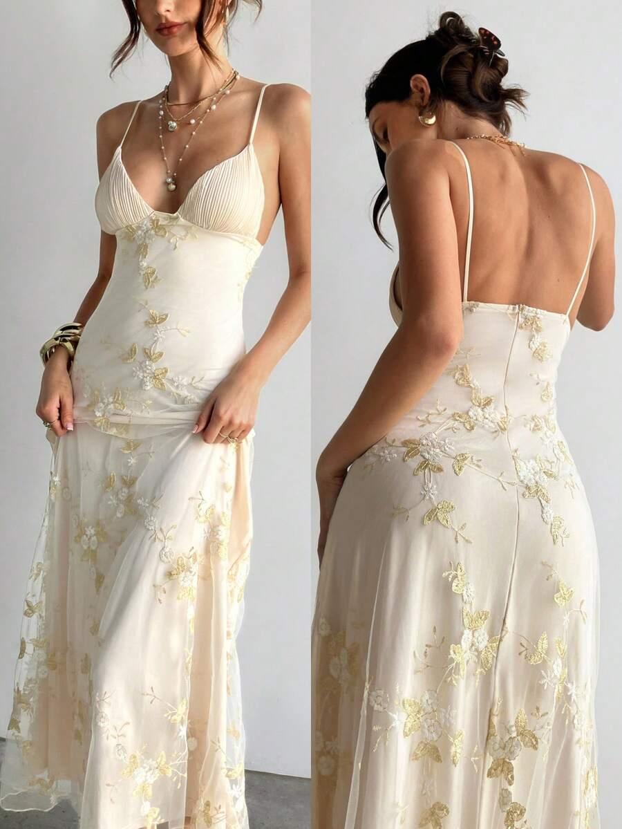 cream embroidered tulle slip dress with pleated bodice