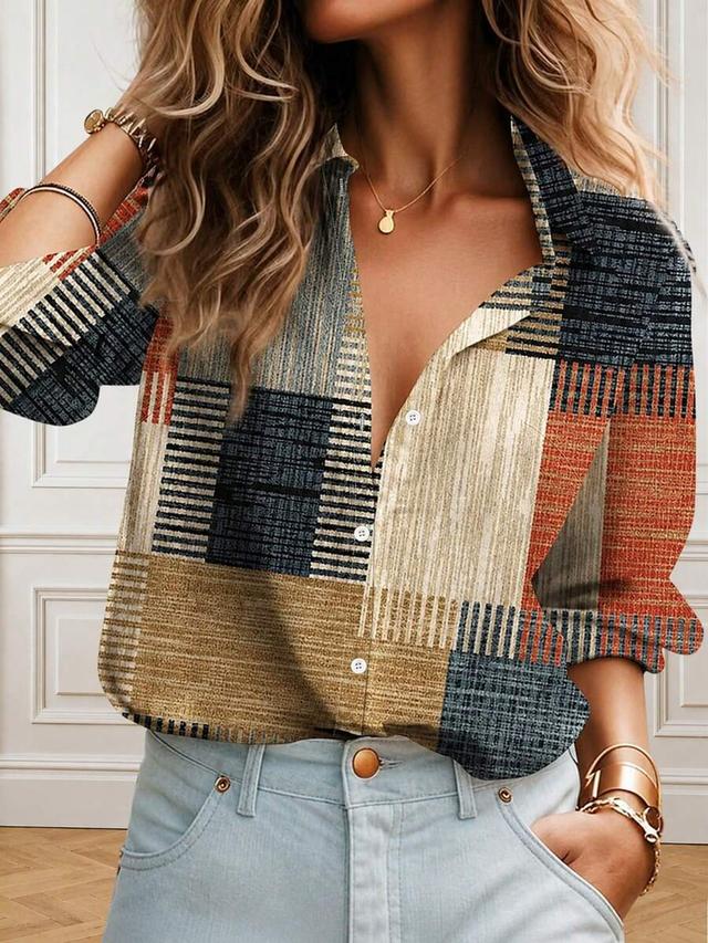 colorblock button print long sleeve retro shirt