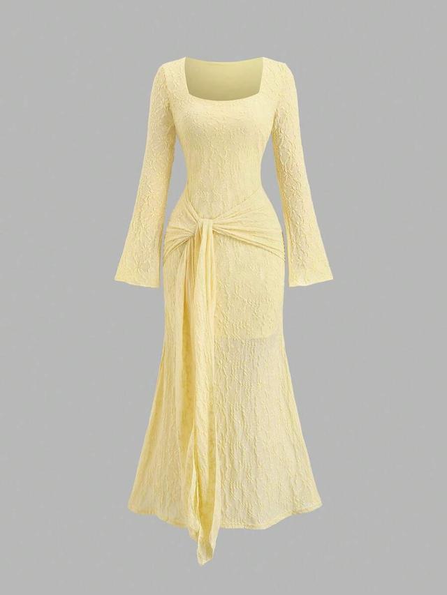 sweetra solid color square neck long sleeve lace-up dress