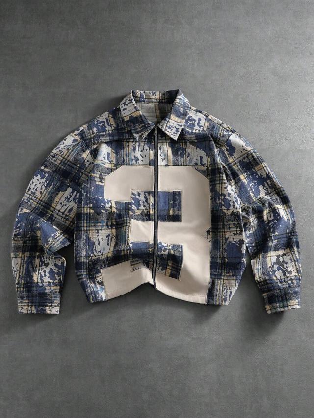 navy blue distressed checkered zip-front boxy shirt