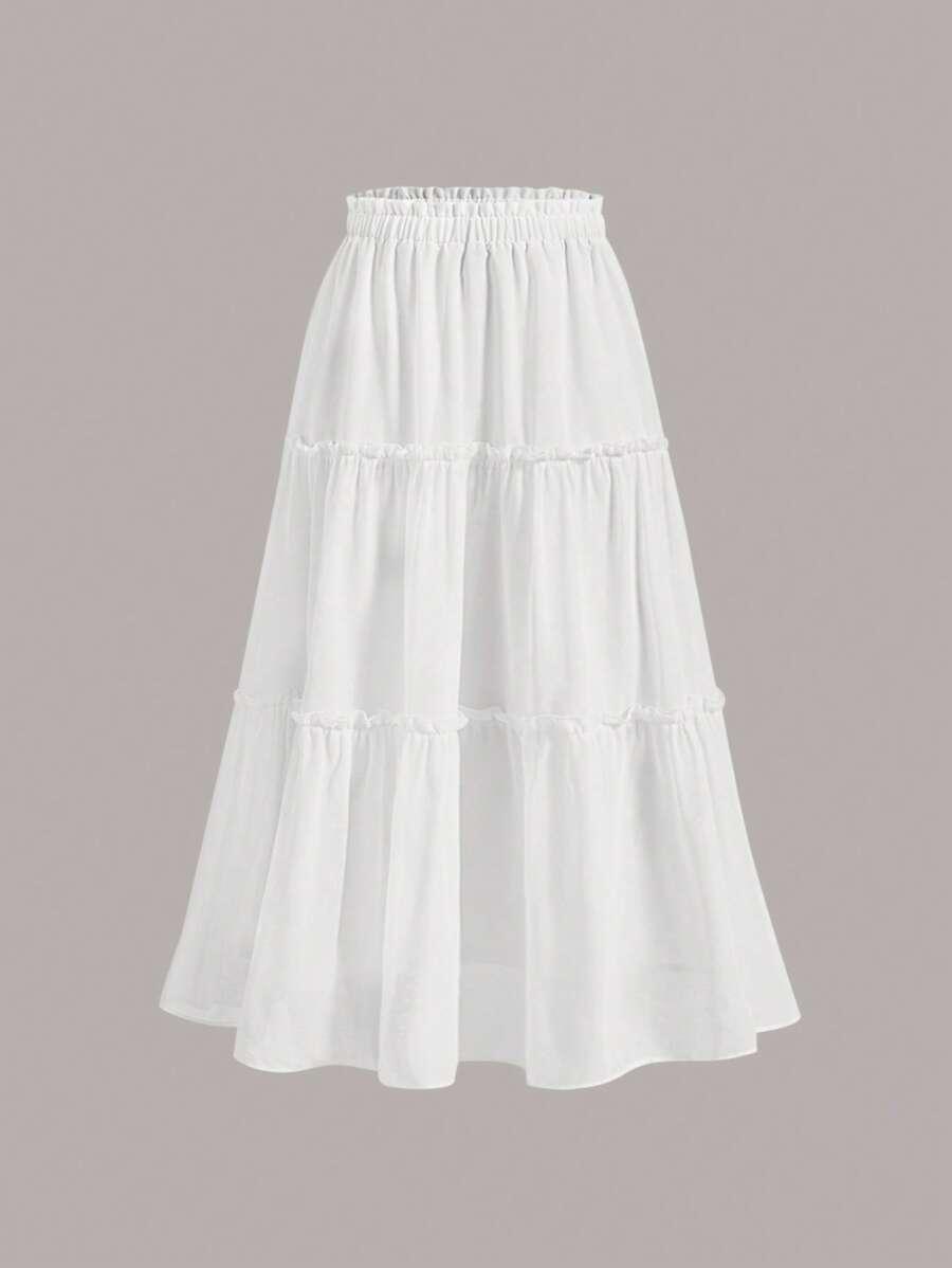white tiered ruffle hem boho long skirt