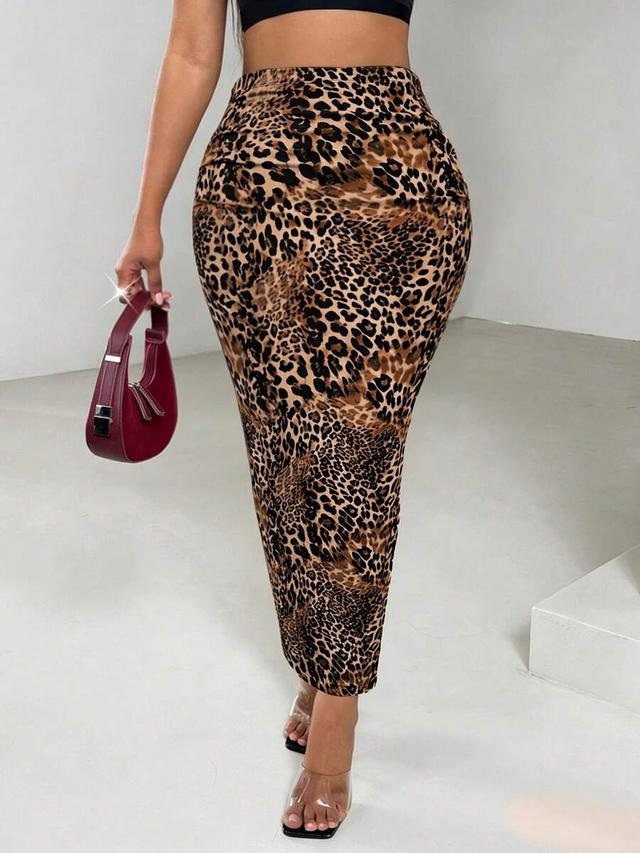 coffee brown leopard print ruched pencil skirt
