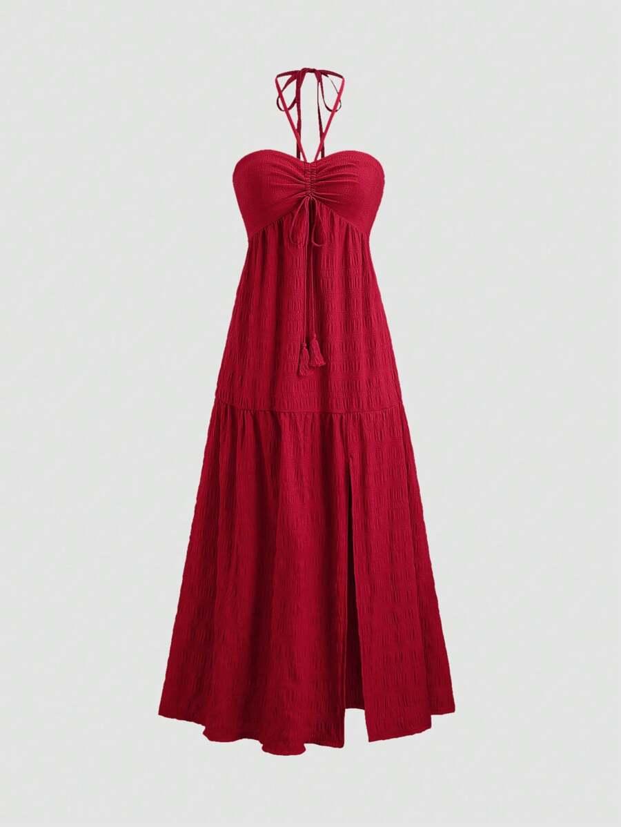 red textured halter neck backless split long dress