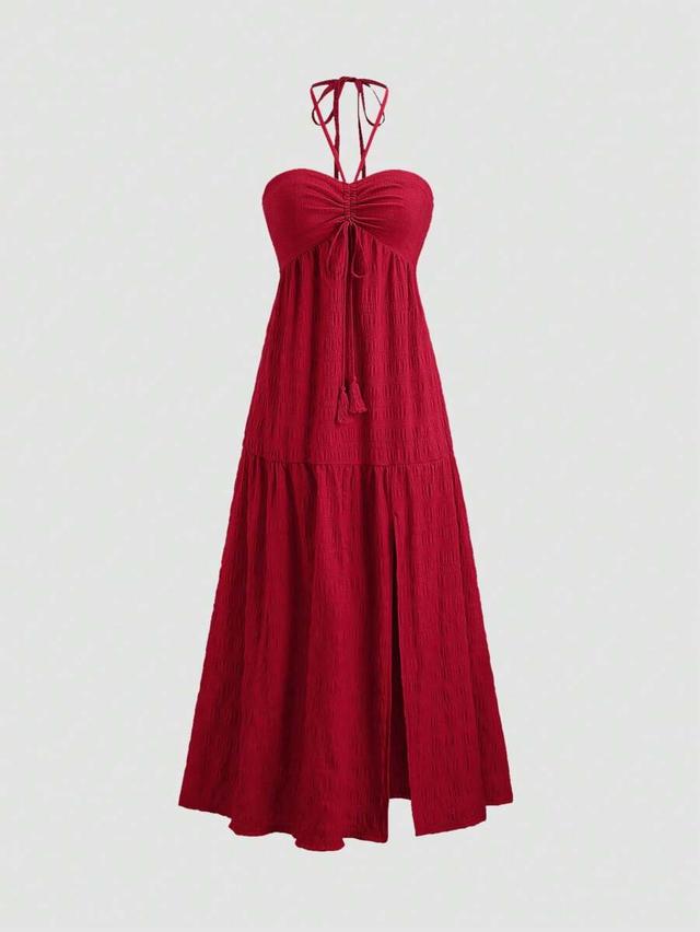 red textured halter neck backless split long dress