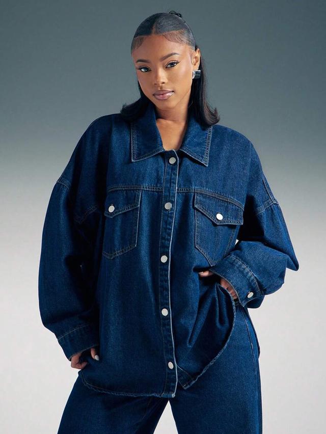 denimoi drop shoulder long sleeve loose denim shirt