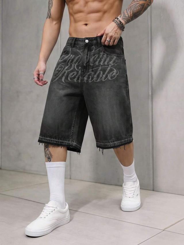 washed black denim shorts with letter design