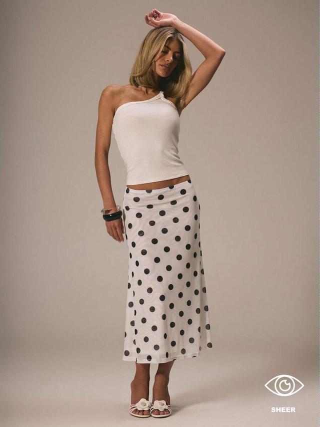 white mesh polka dot midi skirt