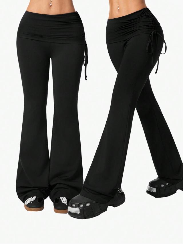 black vintage side drawstring slim fit flare pants