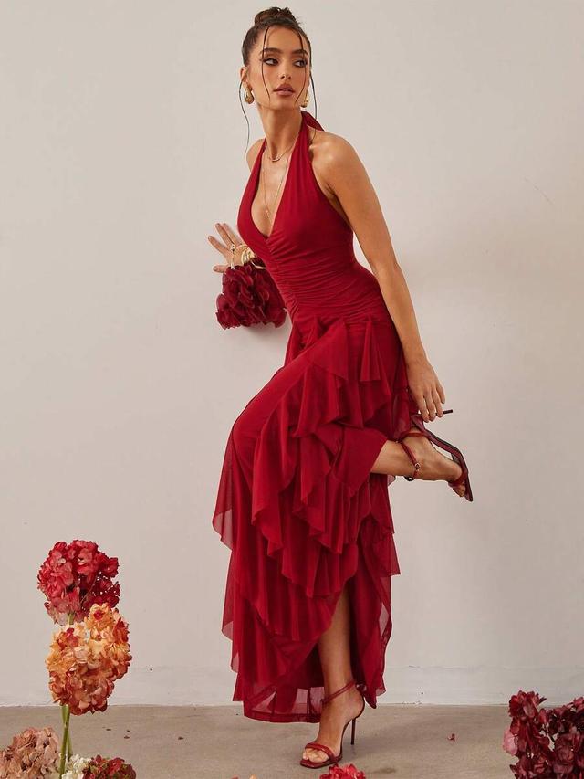 elegant burgundy red multi-layered ruffled halter gown