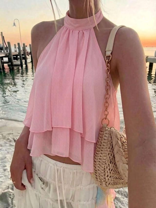 pink chiffon halter neck double-layer ruffled cropped top