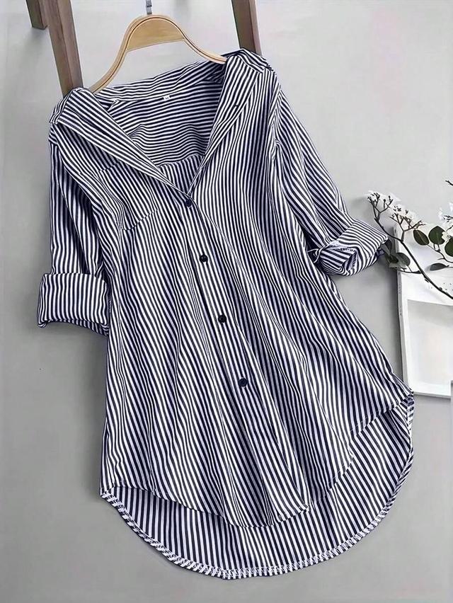 oversized striped casual shirt with high-low hem