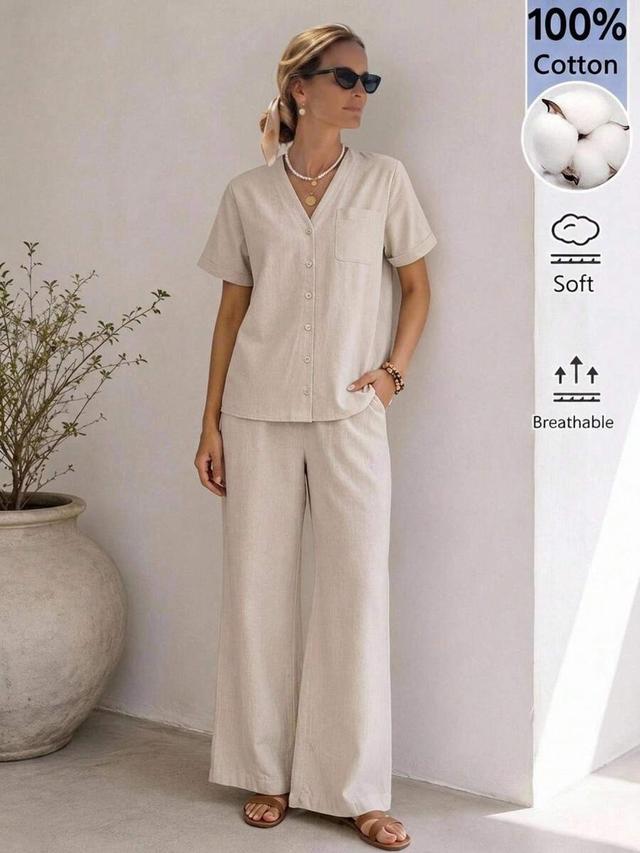 faunlyn women's casual beige cotton two-piece set