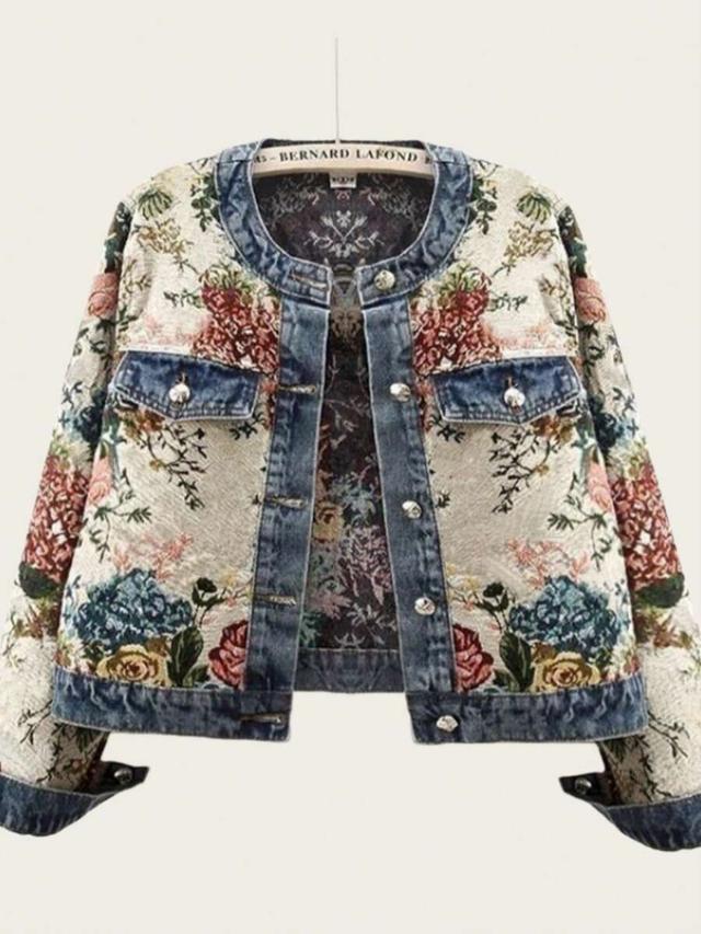 floral jacquard and denim panelled collarless jacket
