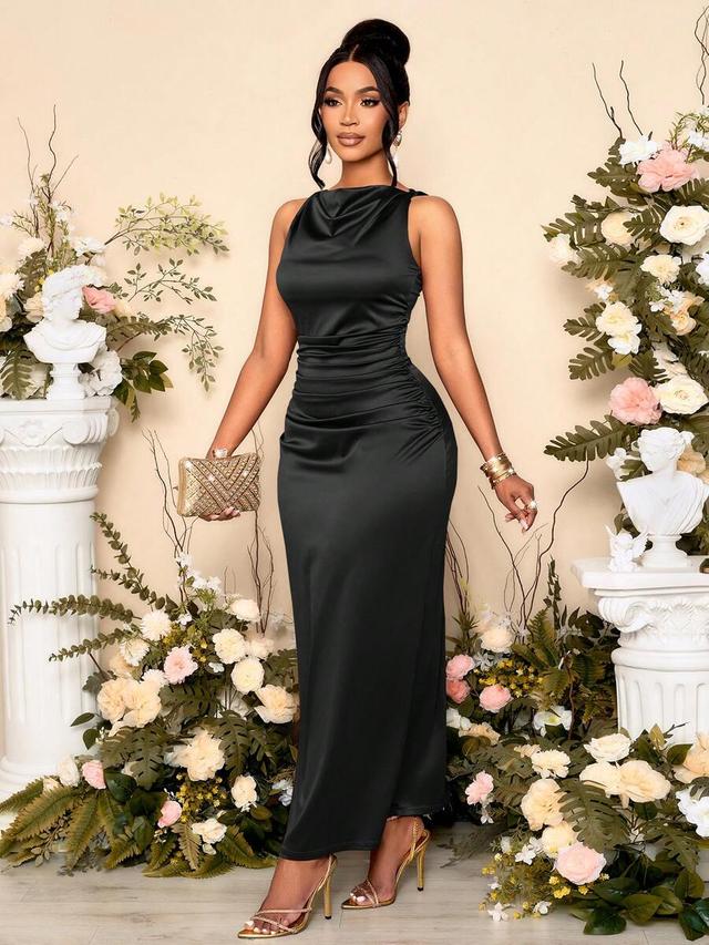 black cowl neck ruched satin midi dress