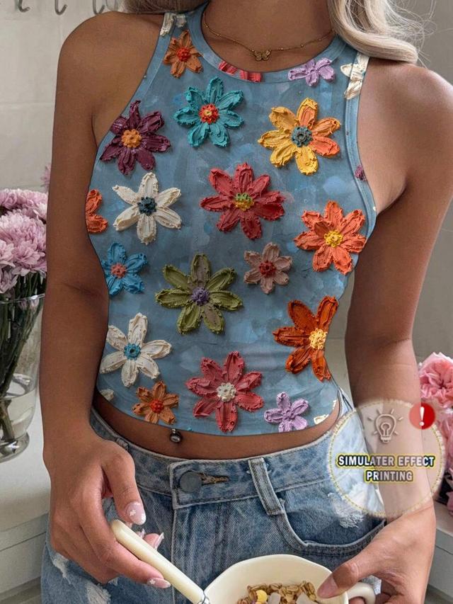 floral textured minimalist round neck tank top