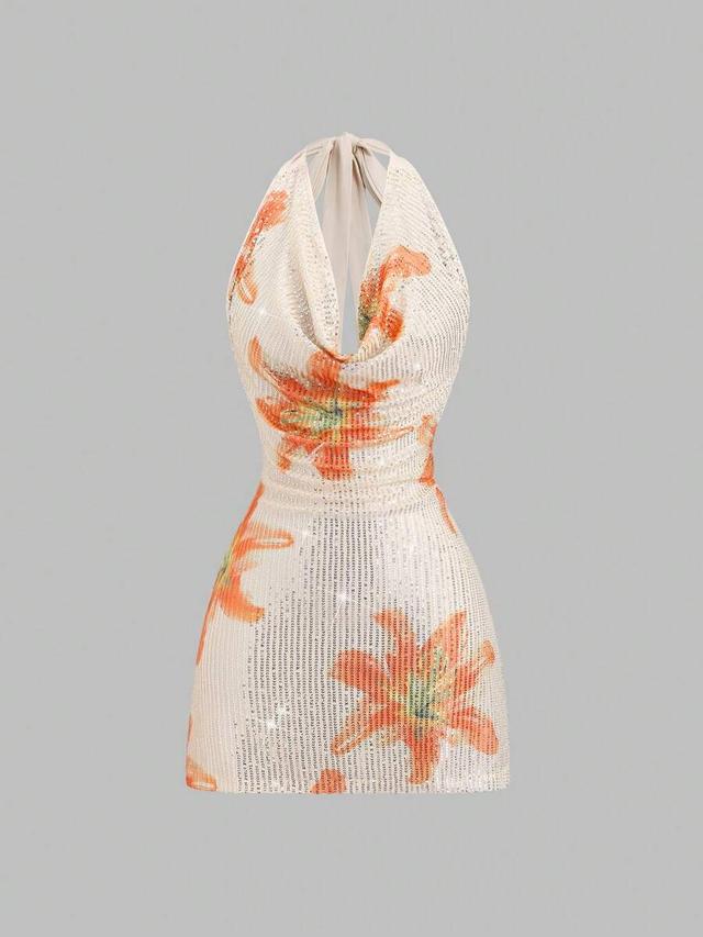 floral sequin halter neck cowl mini dress