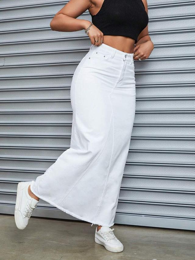 white denim maxi skirt with panel detailing